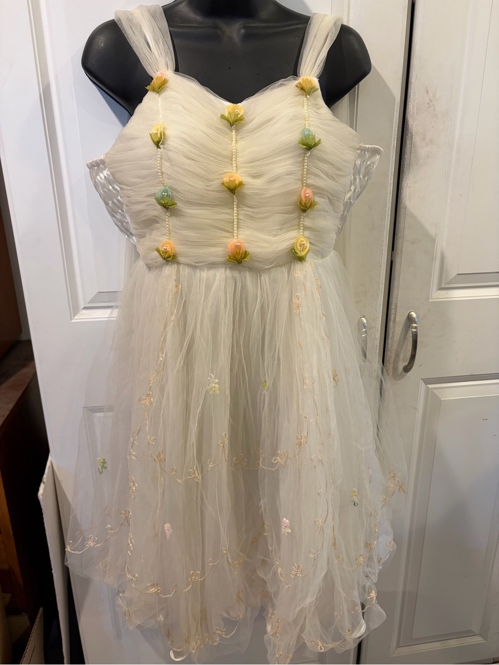 1950’s inspired Ivory Tulle Dress with Pastel Floral Appliqués